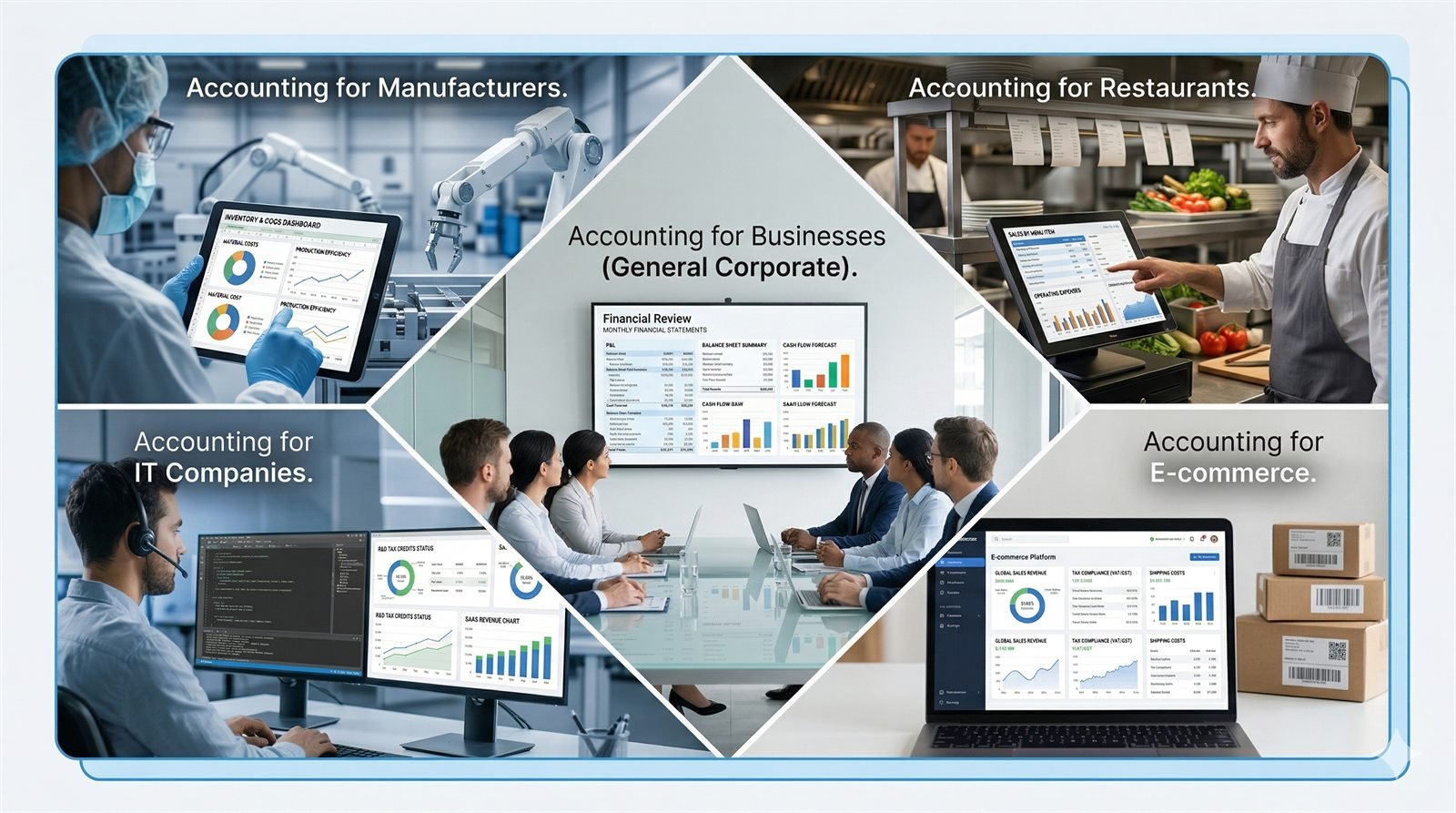 Преглед на счетоводните услуги по индустрии: производство, бизнес, ресторанти, ИТ и e-commerce